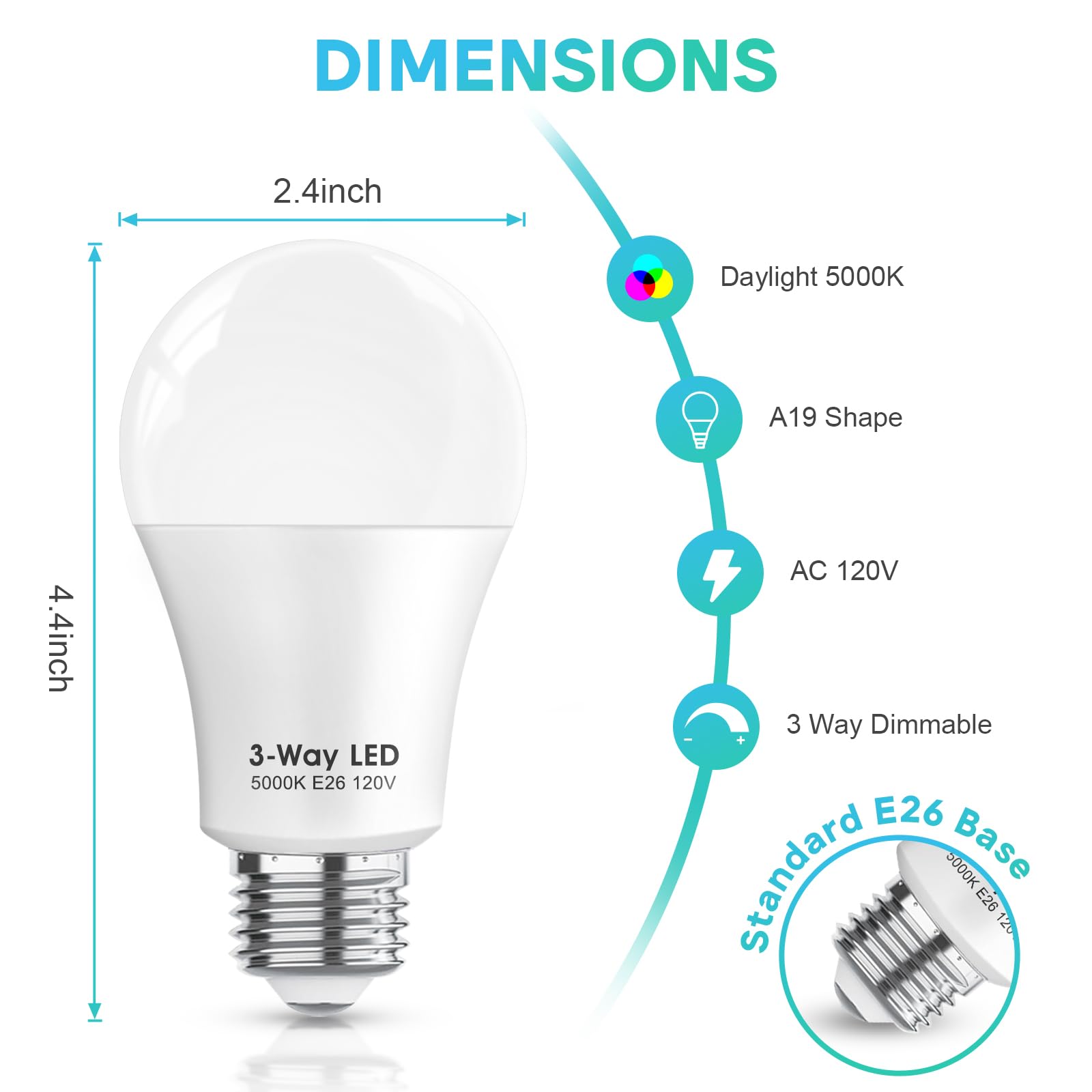 Gonhom ETL Listed 3 Way LED Light Bulbs Daylight White 5000K,30 70 100W Equivalent 3 Way Light Bulbs, A19 E26 Medium BaseThree Way Light Bulbs,Perfect for Reading,Indoor LED Bulb(4 Pack)