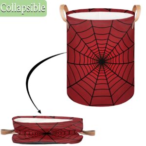 Collapsible Laundry Hamper Basket, Red Spider Web Round Laundry Basket with Leather Handle Storage Organizer Bin for Toys Bin Nursery Home Storage Bedroom Decor