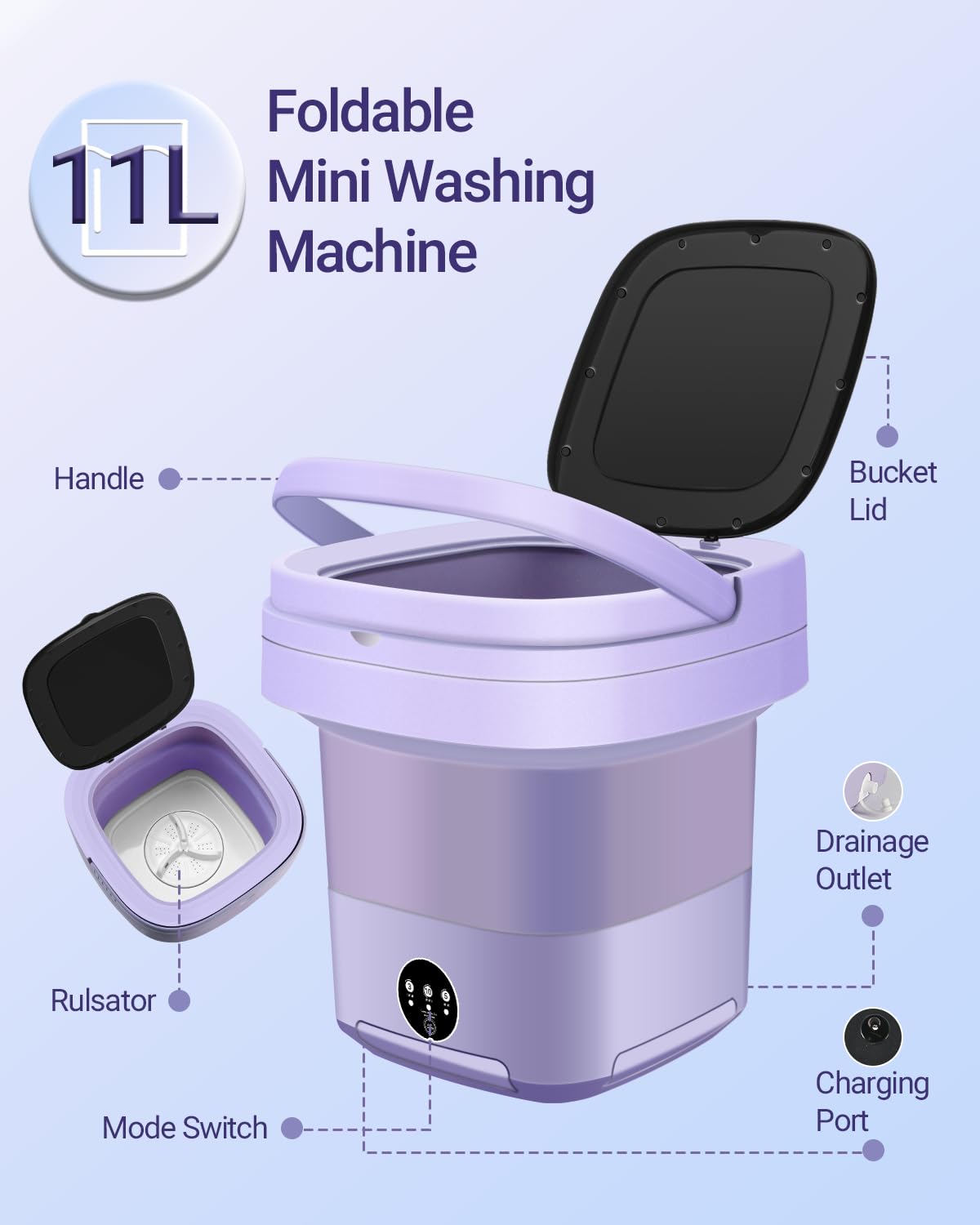 Portable Washing Machine, 11L Upgraded Large Capacity Mini Washer, Small Washing Machine for Apartments, Travel Laundry, Camping, RV, Dorm (Purple)