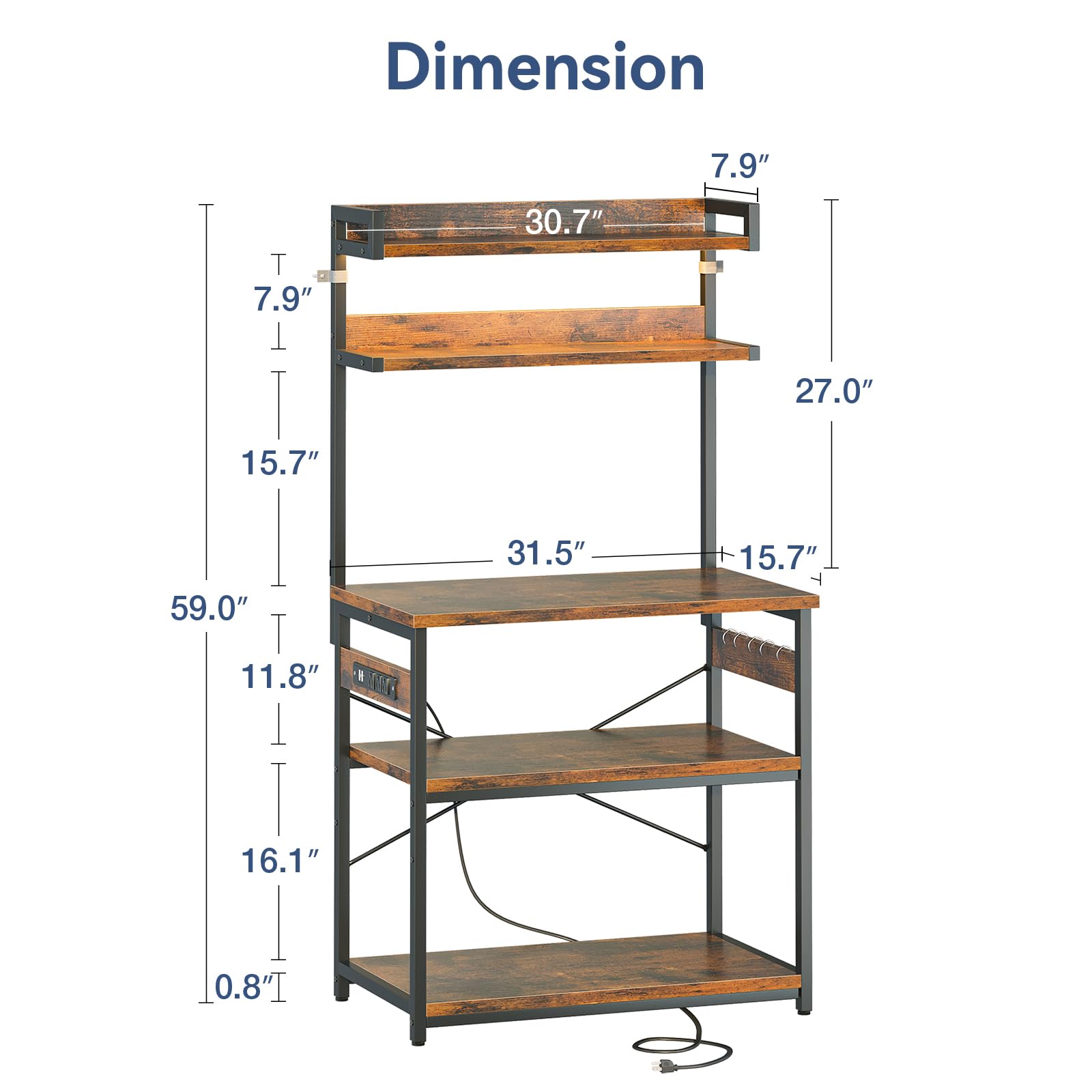 Casaottima Bakers Rack with Power Outlet & LED Lights, Coffee Bar with Storage 5-Tiers, Microwave Stand Kitchen Shelf 16.5 * 31.5 * 59 inches, Kitchen Coffee Rack, Rustic Brown