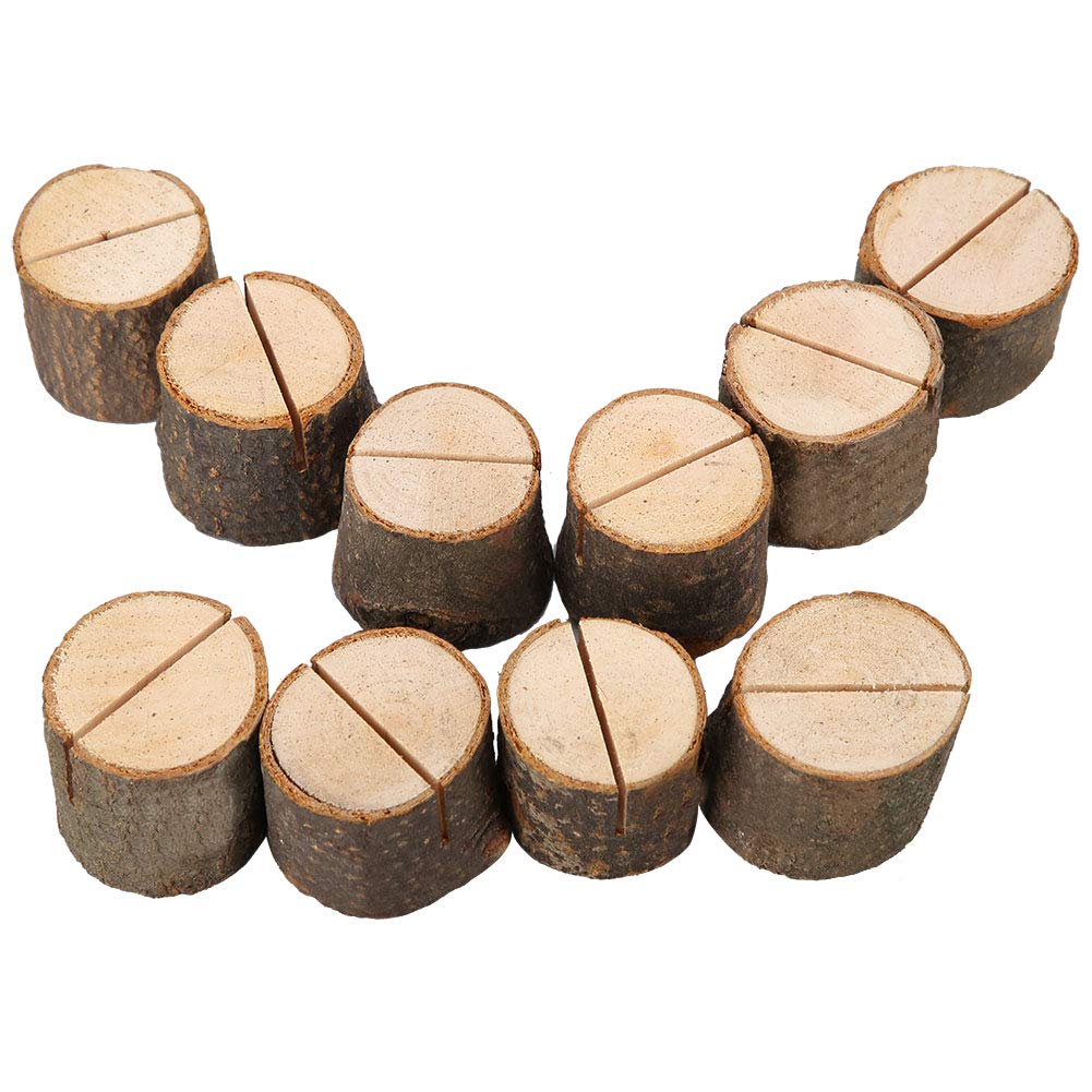 XIASABA Place Card Holders 10 Pcs Stump Shape Party Place Card Holder Stand Number Table Clip Card Holder Rustic Wooden Card Holders Mini Wood Place Card Holders