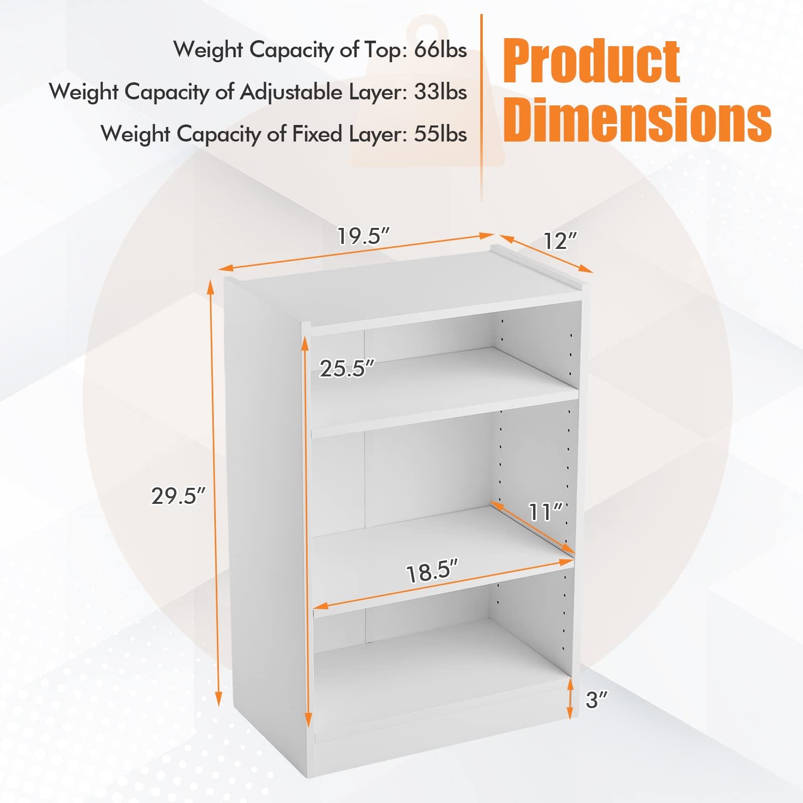 Byroce 3-Tier Bookshelf, Small Bookcase with 18 Positions Adjustable Shelves, 29.5” Modern Display Shelves, 3 Cube Storage Organizer for Home, Office & School (2, White)