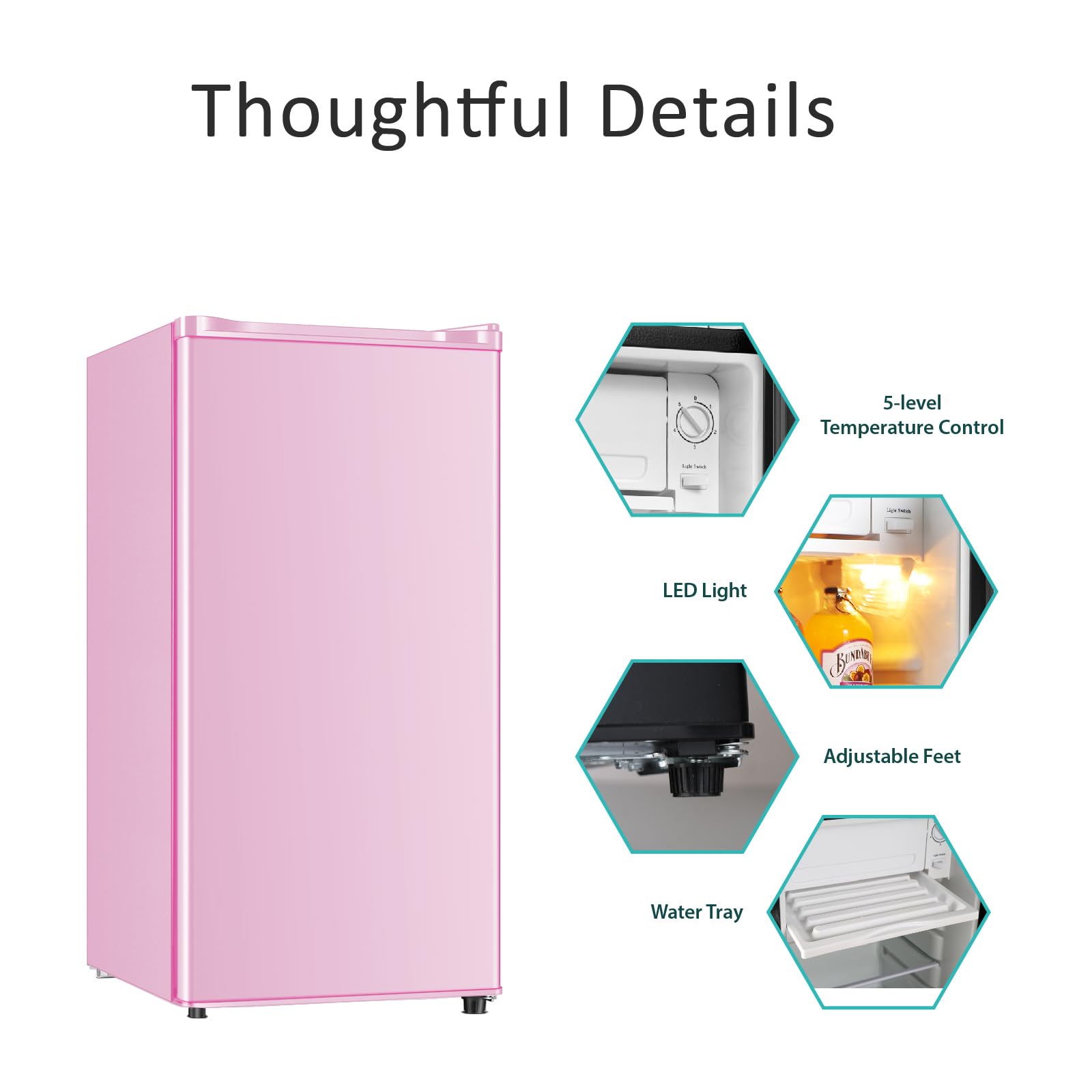 Seaoola Mini Fridge with Freezer, Single Door 3.1 Cu.Ft, Compact Mini Refrigerator, LED Light, Adjustable Thermostat, Removable Glass Shelves, Small Refrigerator for Dorm/Office/Bedroom(Pink)