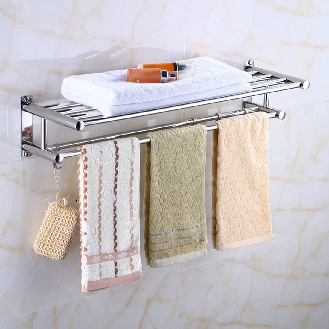 Towel Rails Wall Mounted Hotel Towel Shelf Storage Holder Compatible with 4 Hooks,Bathroom/Kitchen Towel Rack Stainless Steel for for Towels, Bathrobe, Tea Towels Towel Racks to Pursue Happiness