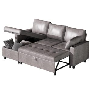 Esright Sleeper Sofa Couch with Pullout Bed, Faux Leather Sofa Bed Pull Out Couch Bed Sofa Pull Out Couch with Storage, Sectional Sleeper Sofa Couch with Pull Out Bed for Living Room Clearance, Grey