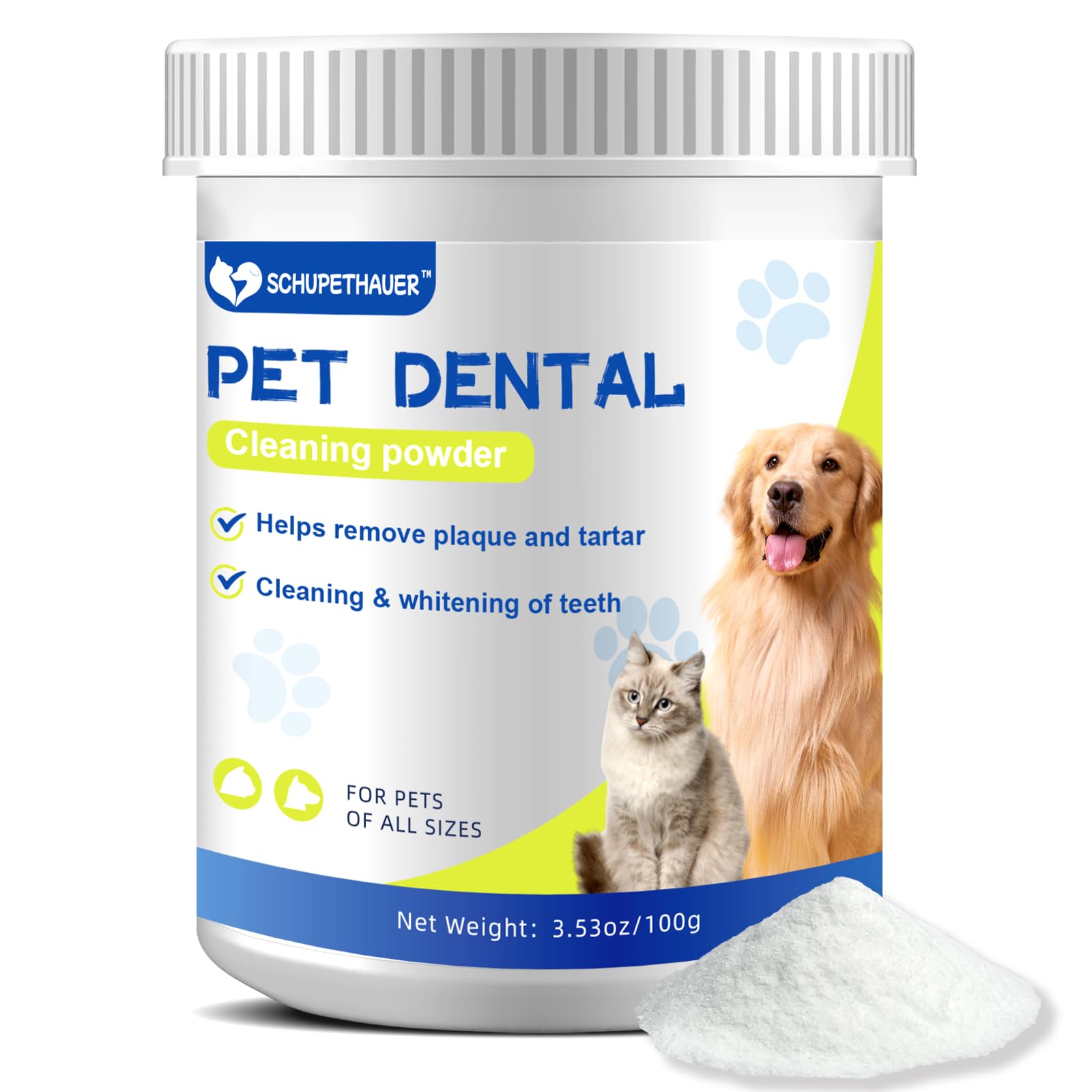 Pet Teeth Cleaning & Dental Care Powder for Dogs& Cats, Removes Plaque, Tarter & Freshens Breath, 50 Scoops (100g/3.53 oz)