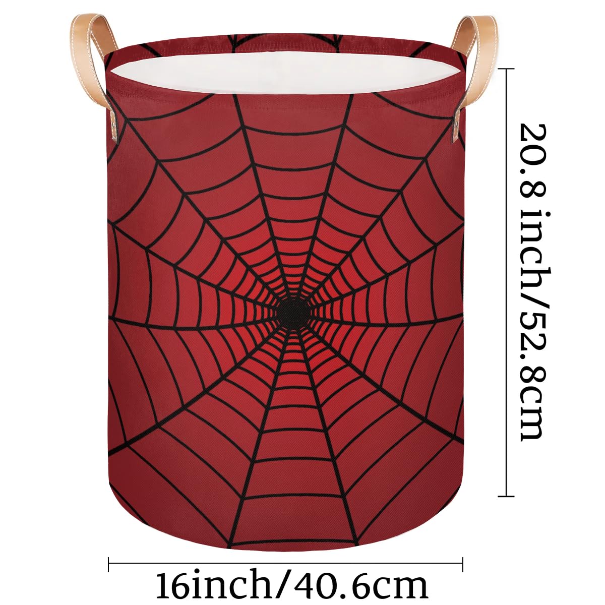 Collapsible Laundry Hamper Basket, Red Spider Web Round Laundry Basket with Leather Handle Storage Organizer Bin for Toys Bin Nursery Home Storage Bedroom Decor