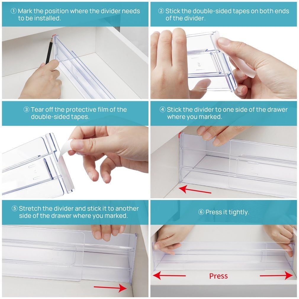 Flyxiregg Drawer Dividers Organizers 8 Pack, Adjustable 3.2" High Expandable from 12.2-21.4" Kitchen Drawer Organizer, Clear Plastic Drawers Separators