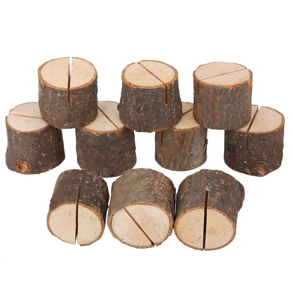 XIASABA Place Card Holders 10 Pcs Stump Shape Party Place Card Holder Stand Number Table Clip Card Holder Rustic Wooden Card Holders Mini Wood Place Card Holders