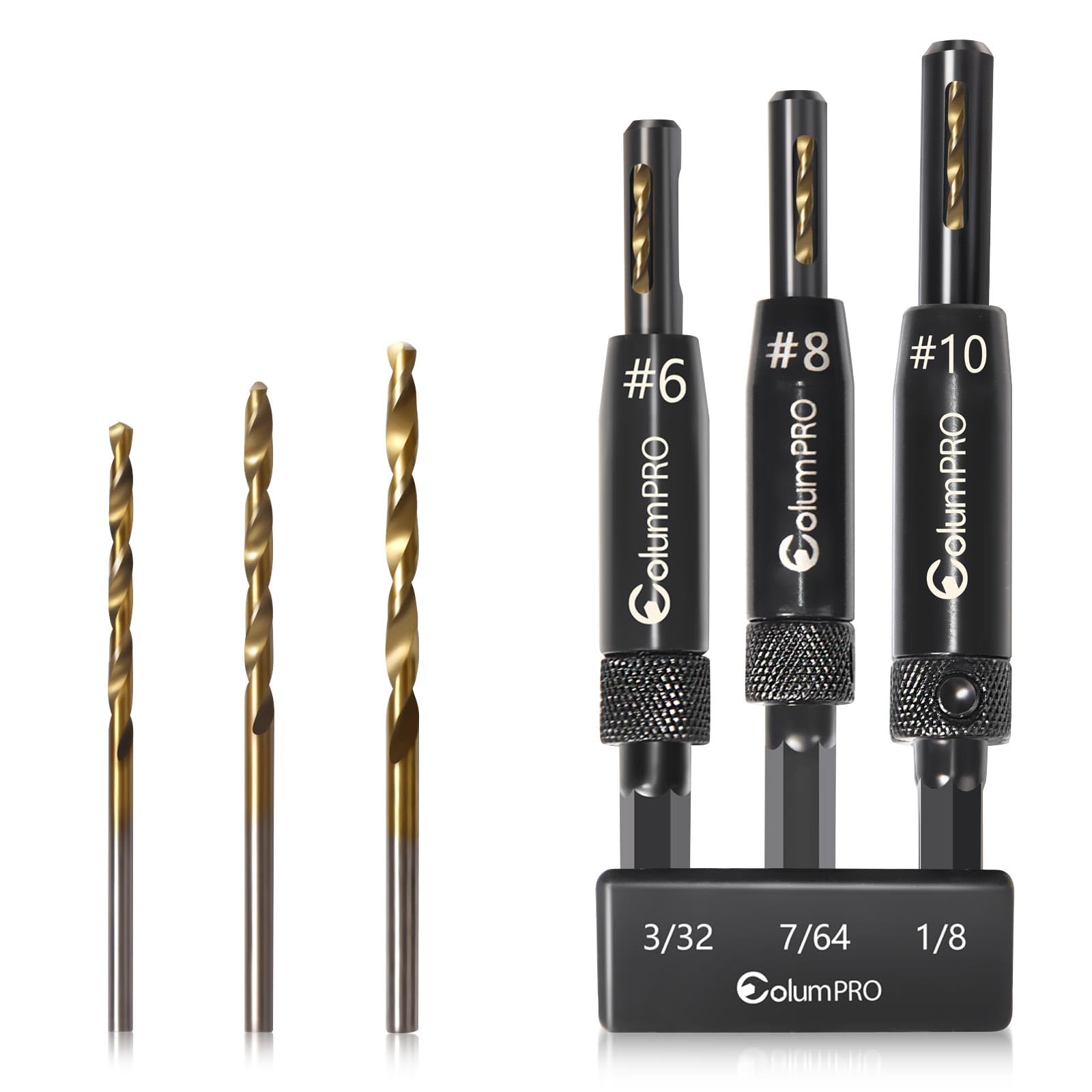 ColumPRO 3 PCS Self Centering Drill Bits Set, Titanium Coated VIX Bits,Door Window Cabinet Hinge Woodworking Pilot Hole Drill Bit 3/32"(#6),7/64"(#8),1/8" (#10)