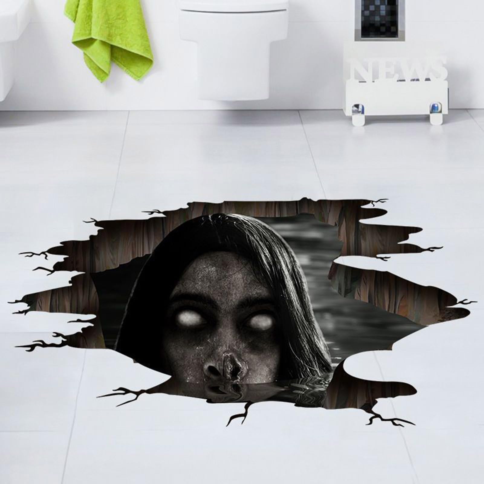 3D Halloween Wall Floor Decals, Scary Blind Woman from Ground Crack Realistic Halloween Stickers Cling, Removable Floor Art for Bedroom Living Room Bar Pub Party Supplier