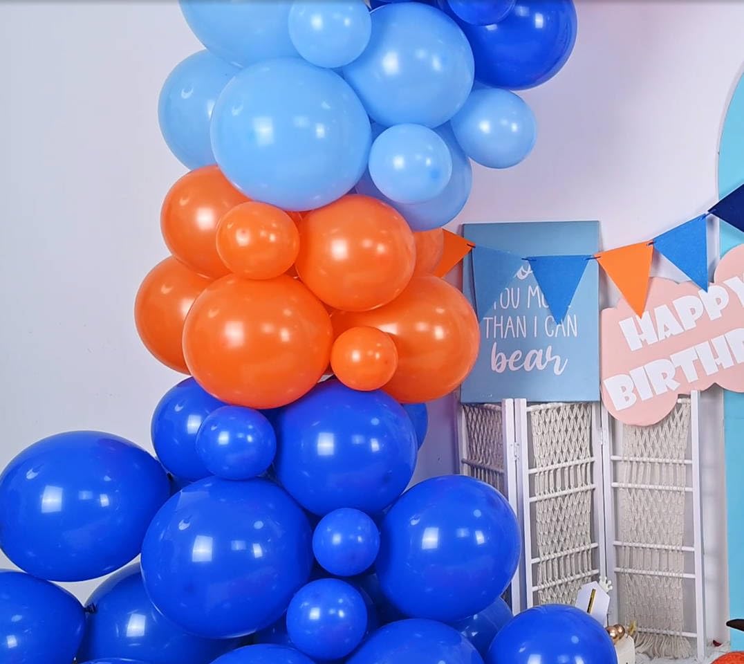 Blue and Orange Balloons Garland Arch Kit, 122 PC Dark Blue and Orange Balloons, Orange Royal Bright Baby Blue Party Balloon for Boy Kids Birthday Baby Shower Gender Reveal Graduation Party Decoration