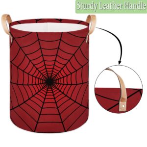 Collapsible Laundry Hamper Basket, Red Spider Web Round Laundry Basket with Leather Handle Storage Organizer Bin for Toys Bin Nursery Home Storage Bedroom Decor