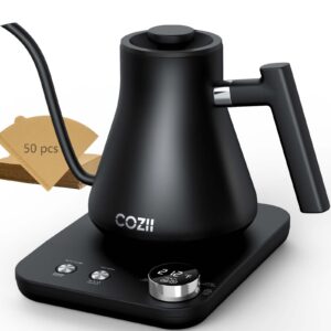 cozii gooseneck electric kettle, 5 presets & ±1℉ temperature control 1200w quick heating water boiler for coffee/tea, 24h keep warm, auto shut off pour over kettle with 50pcs coffee filter,0.9l black