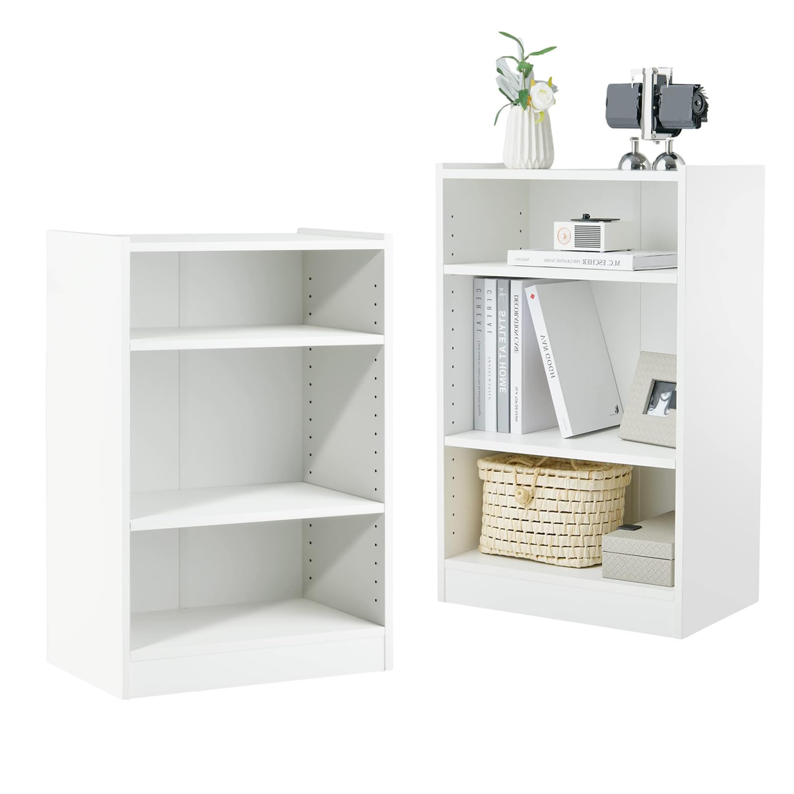 Byroce 3-Tier Bookshelf, Small Bookcase with 18 Positions Adjustable Shelves, 29.5” Modern Display Shelves, 3 Cube Storage Organizer for Home, Office & School (2, White)