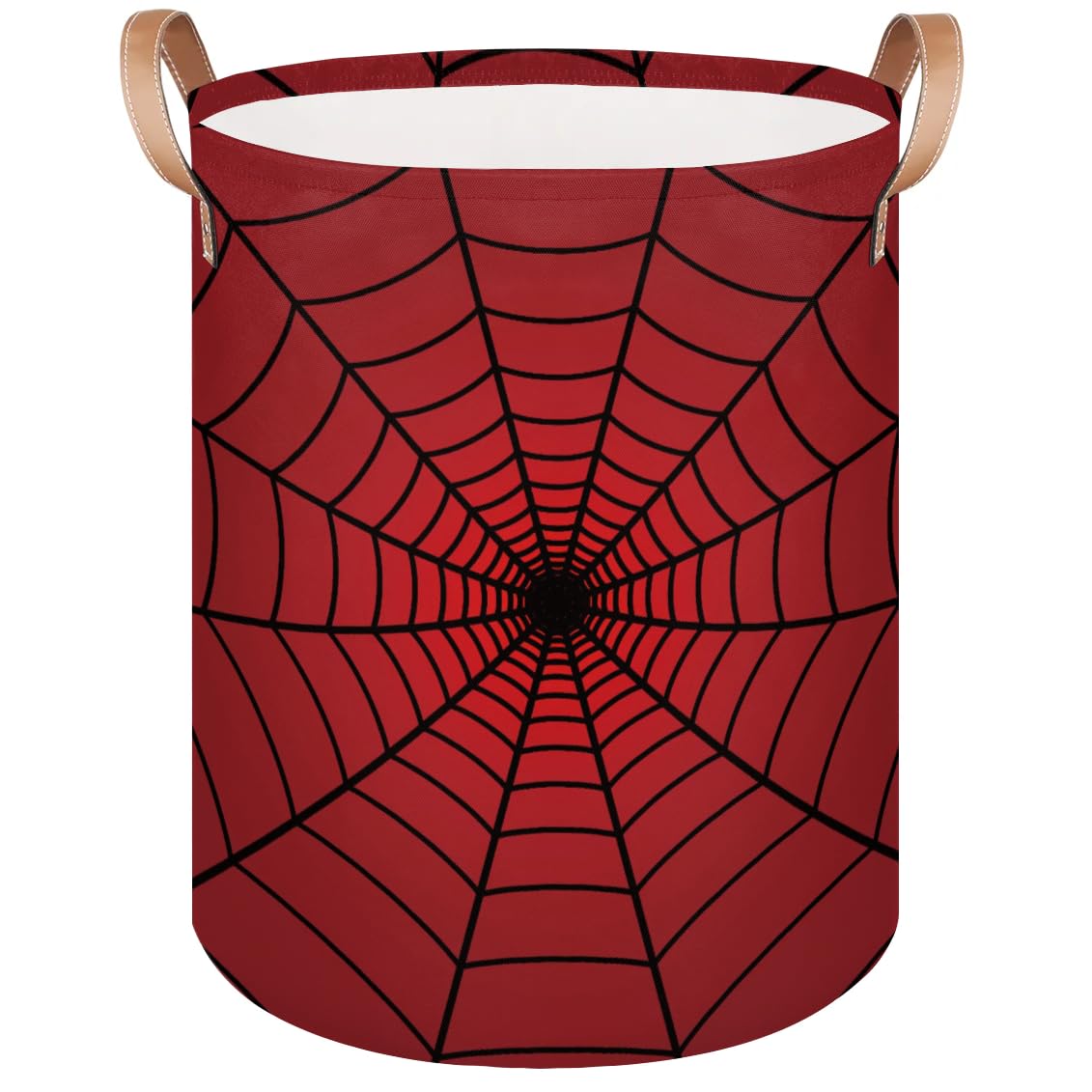 Collapsible Laundry Hamper Basket, Red Spider Web Round Laundry Basket with Leather Handle Storage Organizer Bin for Toys Bin Nursery Home Storage Bedroom Decor