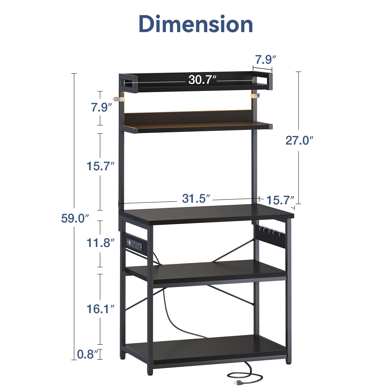 Casaottima Bakers Rack with Power Outlet & LED Lights, Coffee Bar with Storage 5-Tiers, Microwave Stand Kitchen Shelf 16.5 * 31.5 * 59 inches, Kitchen Coffee Rack, Black