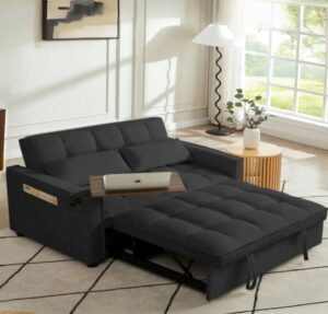 velvet pull out sofa bed with side table, convertible loveseat sleeper with tufted backrest, modern futon couch for living room, bedroom (black)