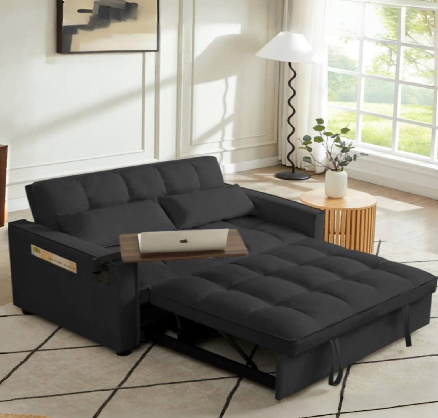 Velvet Pull Out Sofa Bed with Side Table, Convertible Loveseat Sleeper with Tufted Backrest, Modern Futon Couch for Living Room, Bedroom (Black)