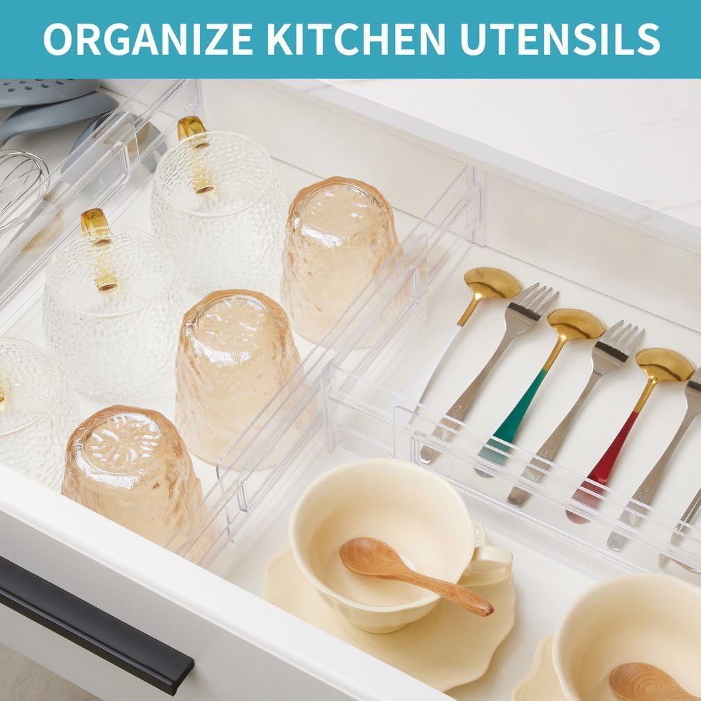 Flyxiregg Drawer Dividers Organizers 8 Pack, Adjustable 3.2" High Expandable from 12.2-21.4" Kitchen Drawer Organizer, Clear Plastic Drawers Separators