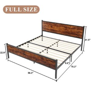 Wokerwie Full Size Wood Platform Bed Frame, with Retro Wooden Headboard and Footboard, Stable Metal Frame Support, No Box Spring Needed, Large Under Bed Storage, Easy Assembly, Noise Free, Brown