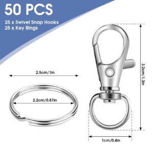 50 PCS in 25 Sets, Metal Swivel Lobster Claw Clasps, Keychain Clip with Large Key Ring, Premium Keychains Clips, Snap Hooks and Sturdy Key Rings, for Key Chain Making Kit，HnoaTovy (Silver)