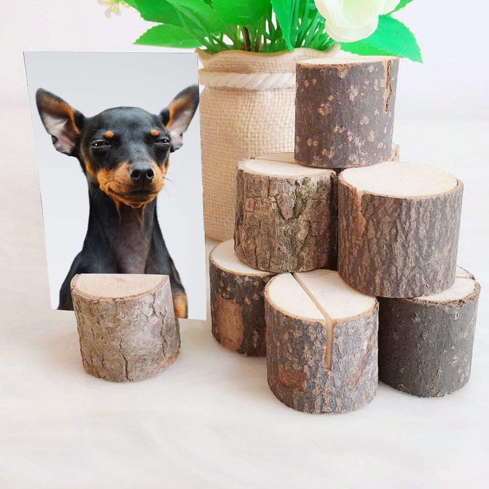 XIASABA Place Card Holders 10 Pcs Stump Shape Party Place Card Holder Stand Number Table Clip Card Holder Rustic Wooden Card Holders Mini Wood Place Card Holders