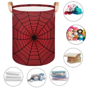 Collapsible Laundry Hamper Basket, Red Spider Web Round Laundry Basket with Leather Handle Storage Organizer Bin for Toys Bin Nursery Home Storage Bedroom Decor