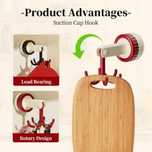 360 Degrees Rotating Folding Hook, 2024 New Suction Cup Hooks Under Cabinet Kitchen Hooks for Hanging Utensils, Utensil Rack Holder with 6 Hooks for Bathroom Towel Glass Window (Red & Black & Green)