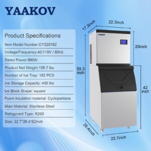 YAAKOV Commercial ice Machines 550LBS/24H with 400LBS Bin Commercial Ice Maker Machine 22" Air Cooled Clear Cube Ice for Restaurant Bar, 110V Dic nie sowim