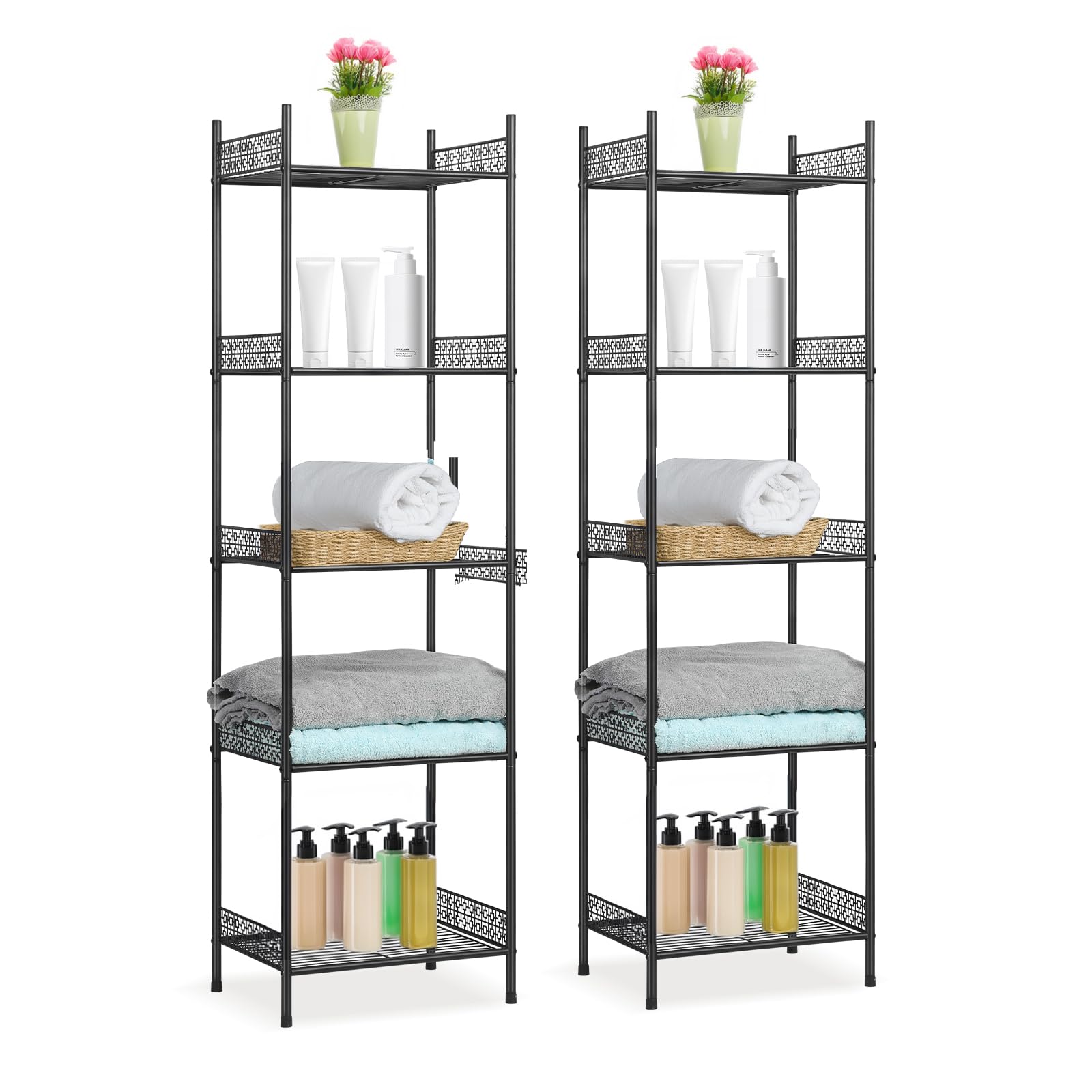 2 Pack 5-Tier Bathroom Storage Shelf, Heavy Duty Wire Shelving Unit Free Standing Towel Rack Organization for Kitchen Bathroom Laundry, Black