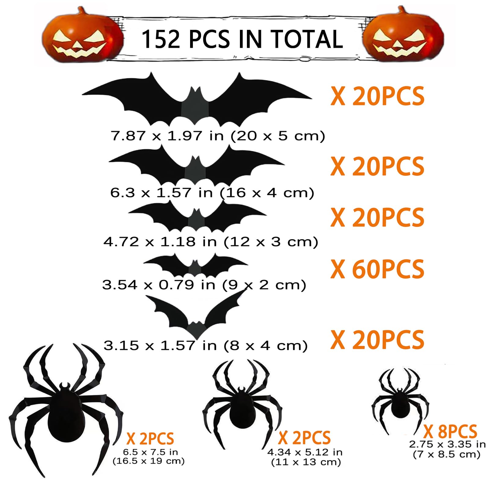 152 Pcs Hallween Decorations: Bats Wall Decor 140PCS 3D PVC Black Scary Bat Sticker and 12PCS 3D Scary Spider Stickers for Creepy Home Decor Halloween Party Decorations DIY Wall Decal