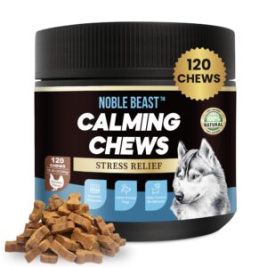 noble beast dog hemp calming chews for dogs - melatonin for dogs - dog calming treats - motion sickness for dogs - all natural - soft chews with hemp and melatonin - chicken flavor -120 count