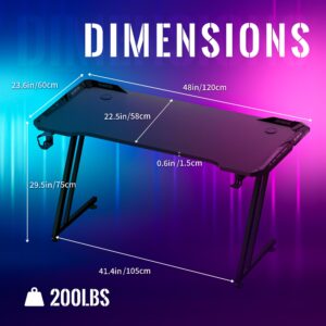 MINOMAC Gaming Desk with LED Lights,47 inch Carbon Fiber Surface RGB Gaming Computer Table, 384 Color Mode with Remote Control, Cup Holder and Headphone Hook - Black (47X24IN)