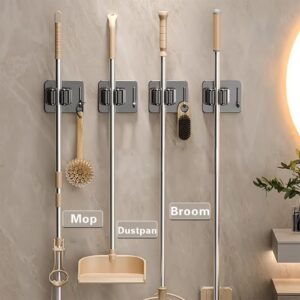 Mop Broom Holder-Self Adhesive Stainless Steel Broom Hanger Organizer for Bathroom, Kitchen, Office，Utility Room，Laundry Room,Home Garden, Garage Storage and Organization Rack(Silver gray-4Psc)