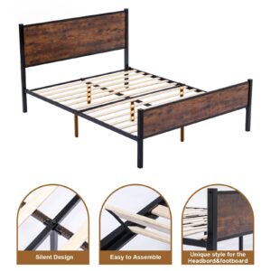 Wokerwie Full Size Wood Platform Bed Frame, with Retro Wooden Headboard and Footboard, Stable Metal Frame Support, No Box Spring Needed, Large Under Bed Storage, Easy Assembly, Noise Free, Brown