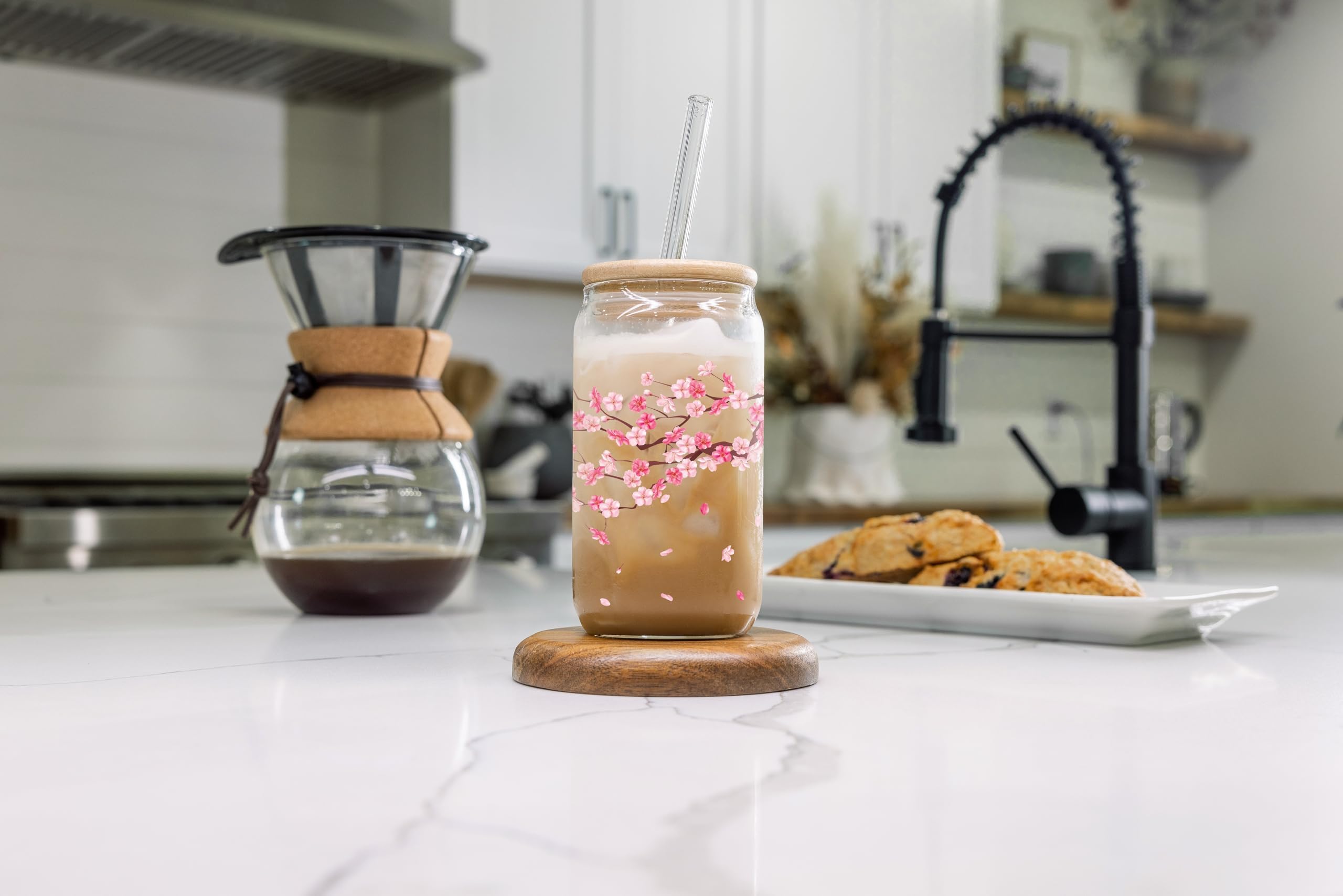 Aesthetic Cherry Blossom Glass Cup with Lid and Straw - Cute Coffee, Latte, Matcha Tumbler 16 oz - Floral Iced Coffee Cup - Preppy Birthday Gift for Women, Best Friends, Mom, Bridesmaid, Coffee Lover