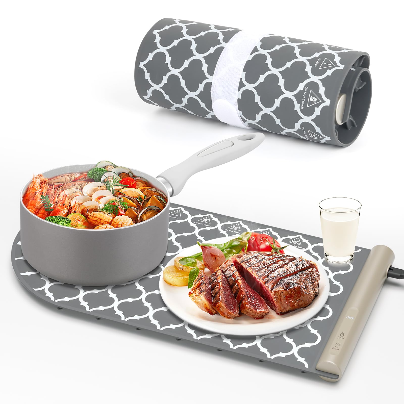 Food Warming Mat - Fast Heating Electric Warming Tray with 4 Level Temperature, Fast Full Surface Heating Mat, 3 Hours Auto Off, Rollable Portable Food Warmers for Individual Meals