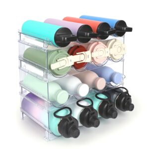 tidy savant water bottle organizer - 4 pack clear stackable bottle storage rack and wine rack for stanley yeti bottle and other tumbler organizer for kitchen cabinets, 4 tier hold 16