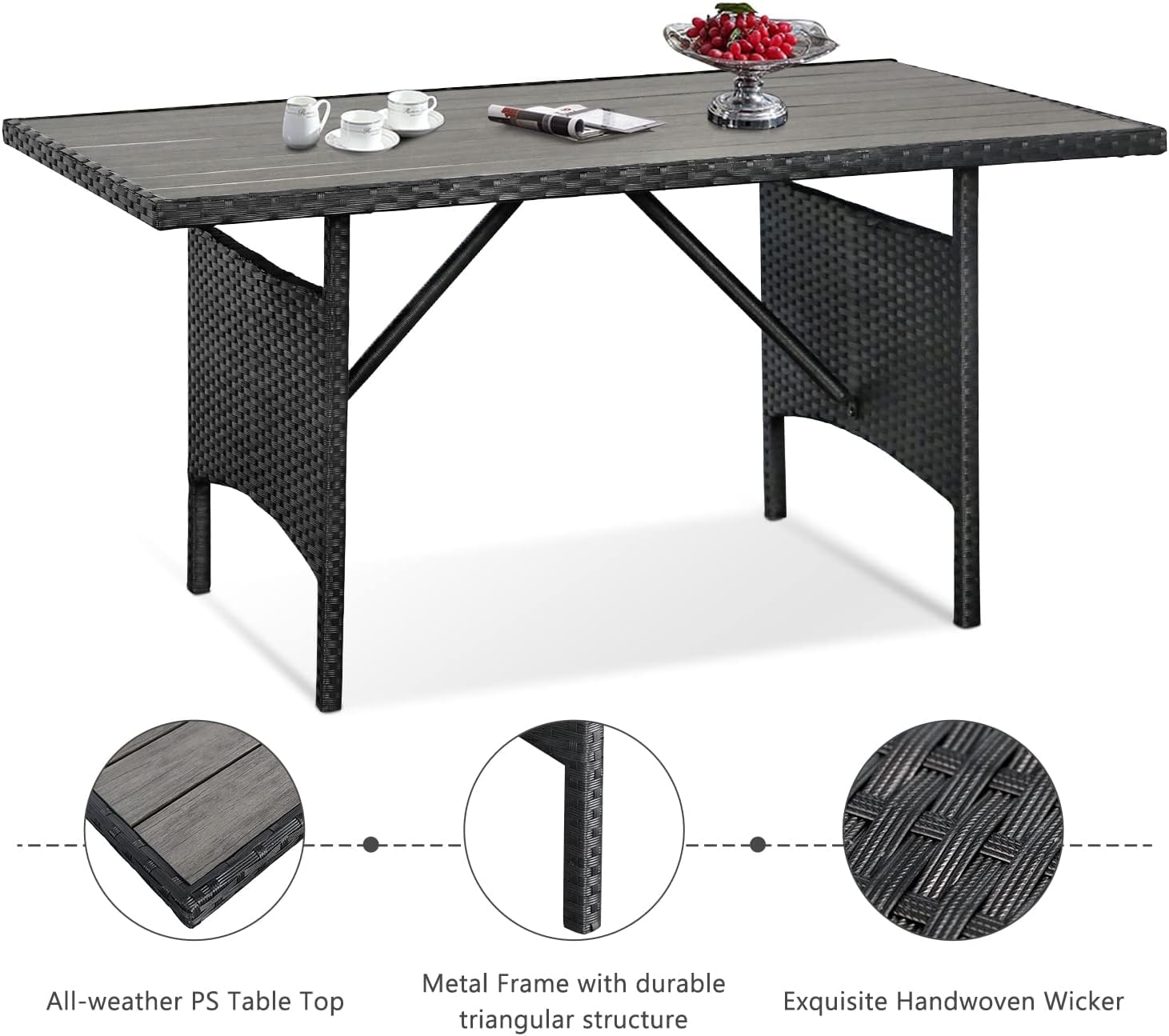 U-MAX Wicker Outdoor Dining Table, 54” Metal Frame Table for Patio Furniture Set or Indoor (Black)