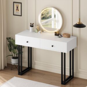 garveehome vanity desk with mirror and lights, small makeup vanity with 2 drawers, modern vanity organizer with 3 color lights＆adjustable brightness, dressing table for bedroom, white