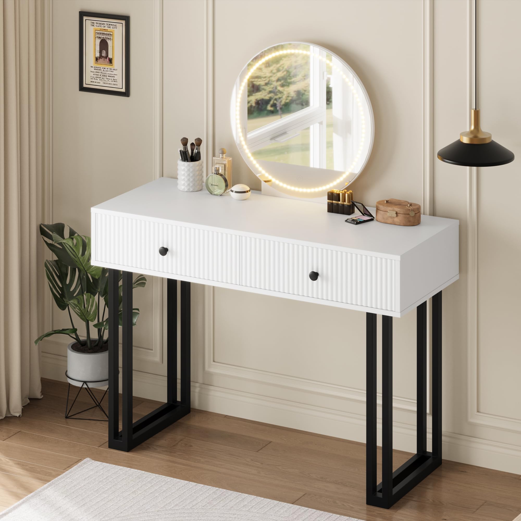 GarveeHome Vanity Desk with Mirror and Lights, Small Makeup Vanity with 2 Drawers, Modern Vanity Organizer with 3 Color Lights＆Adjustable Brightness, Dressing Table for Bedroom, White