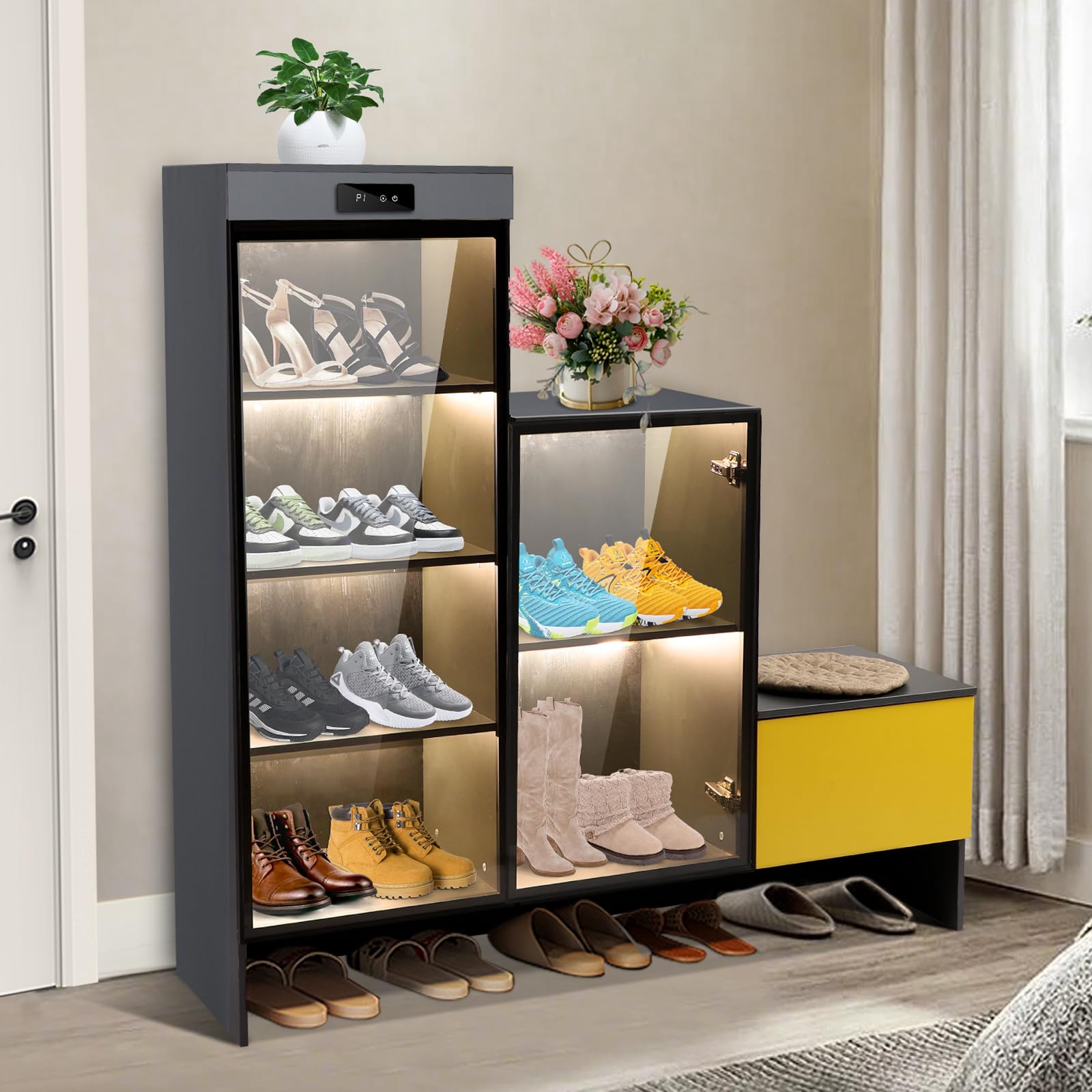 ylizeyu Shoe Cabinet/Rack LED Can Purify The Air,Intelligent Cabinet,Six Storage Cabinet,Storage Cabinet with Closet Function Standorganic Reinforced Glass Door with Reinforced Hinges Grey