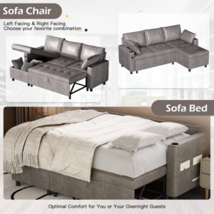 Esright Sleeper Sofa Couch with Pullout Bed, Faux Leather Sofa Bed Pull Out Couch Bed Sofa Pull Out Couch with Storage, Sectional Sleeper Sofa Couch with Pull Out Bed for Living Room Clearance, Grey