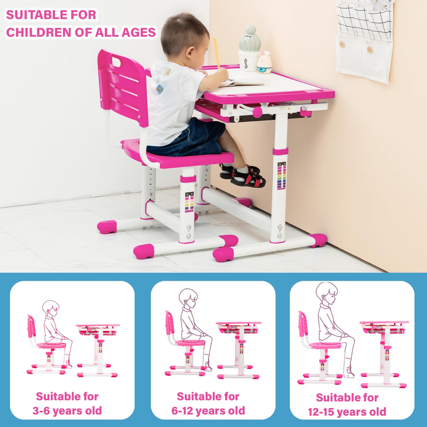 Ruesleag Kids Desk Chair Set,Children’s Study Desk Multi-Func Height Adjustable Desk and Chair School Writing Computer Table w/Pull Out Drawer Storage 45°Tilted Desktop for School Home Boys&Girls,Pink