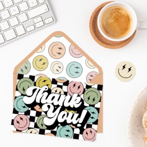 Whaline 24 Pack Groovy Thank You Cards Checkerboard Smile Face Thank You Note Cards with Envelopes Stickers for Baby Shower Birthday