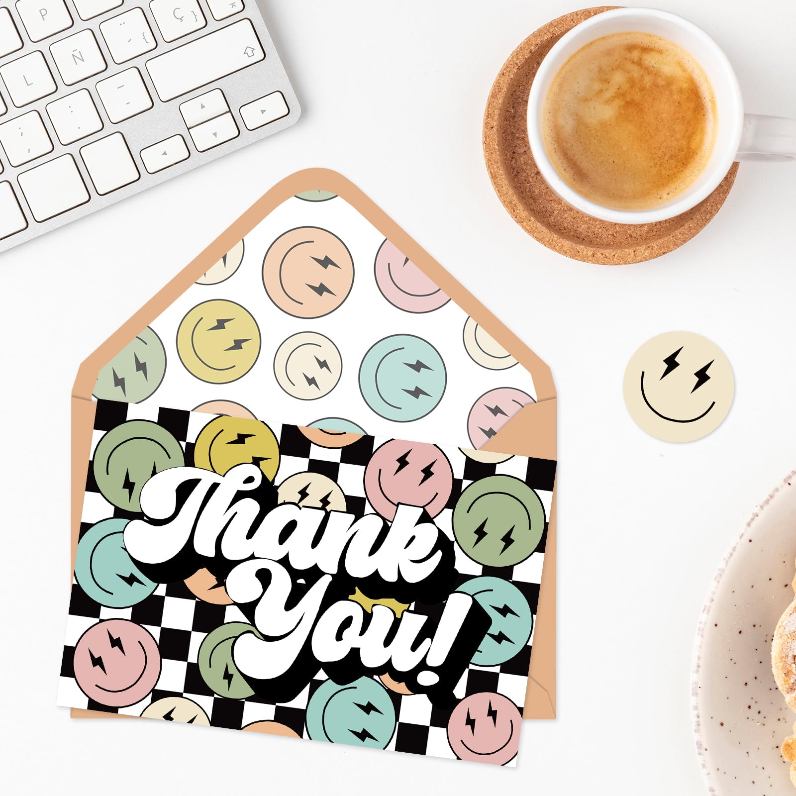 Whaline 24 Pack Groovy Thank You Cards Checkerboard Smile Face Thank You Note Cards with Envelopes Stickers for Baby Shower Birthday