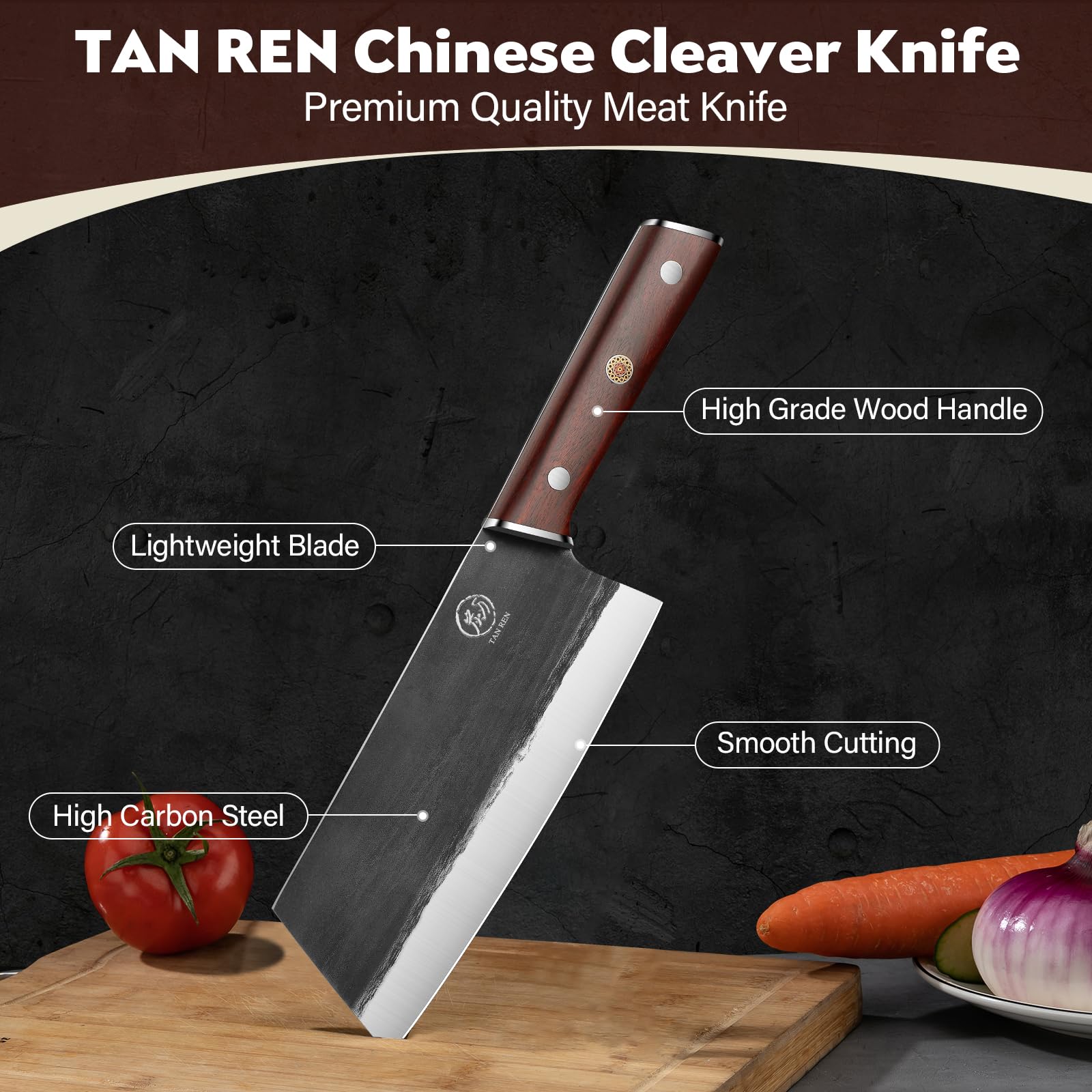 TAN REN 7.5 Inch Chinese Cleaver Knife and 7 Inch Boning Knife for Meat Cutting, High Carbon Steel Butcher Knife, Stainless Boning Knives with Sheath