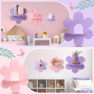 Soaoo 3 Pcs Daisy Wall Shelf Wooden Boho Daisy Shelf Hanging Display Daisy Decor Shelf for Living Room Bathroom Bedroom(Purple and Pink)