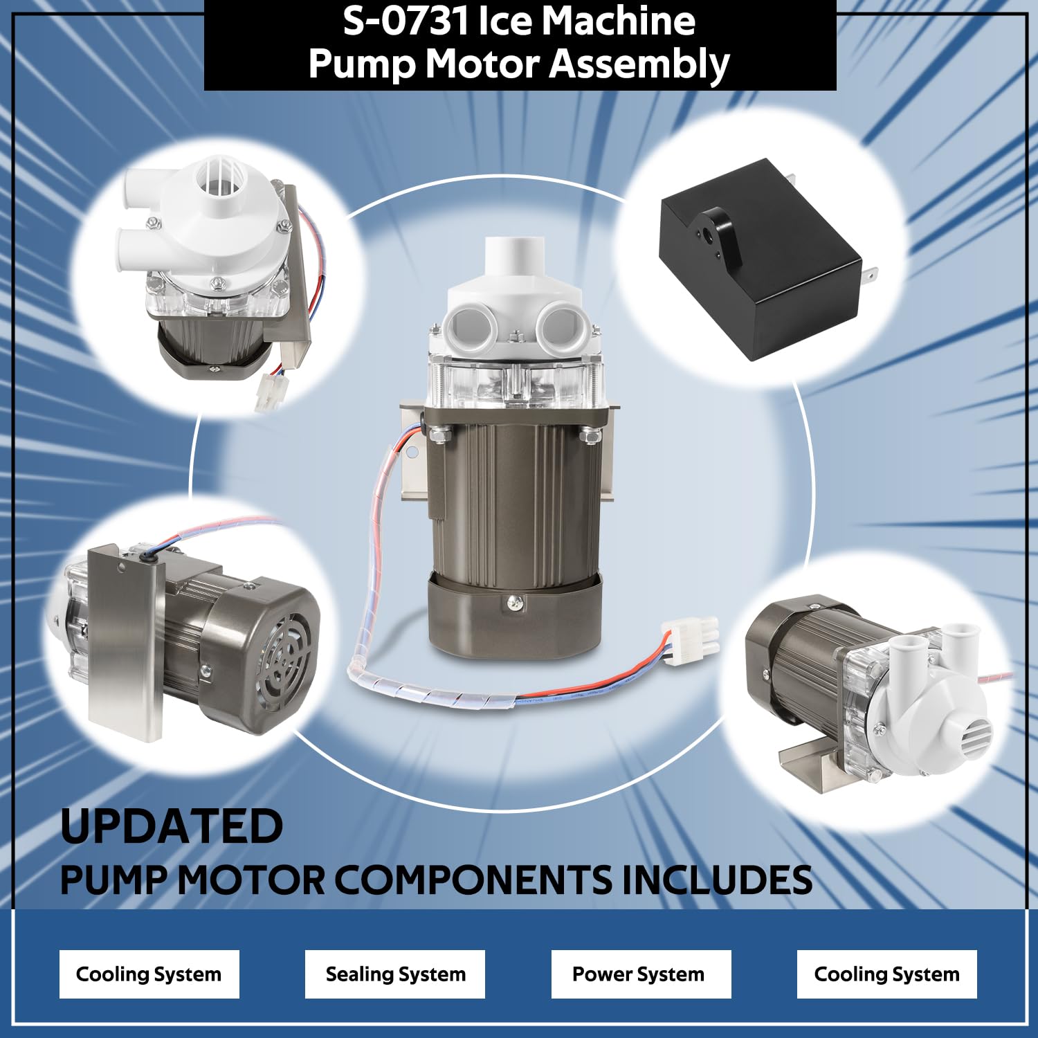 S-0731 Ice Machine Motor for Hoshizaki, Pump Service Assembly with Mounting Plate, 14-Inch Cable & Plug